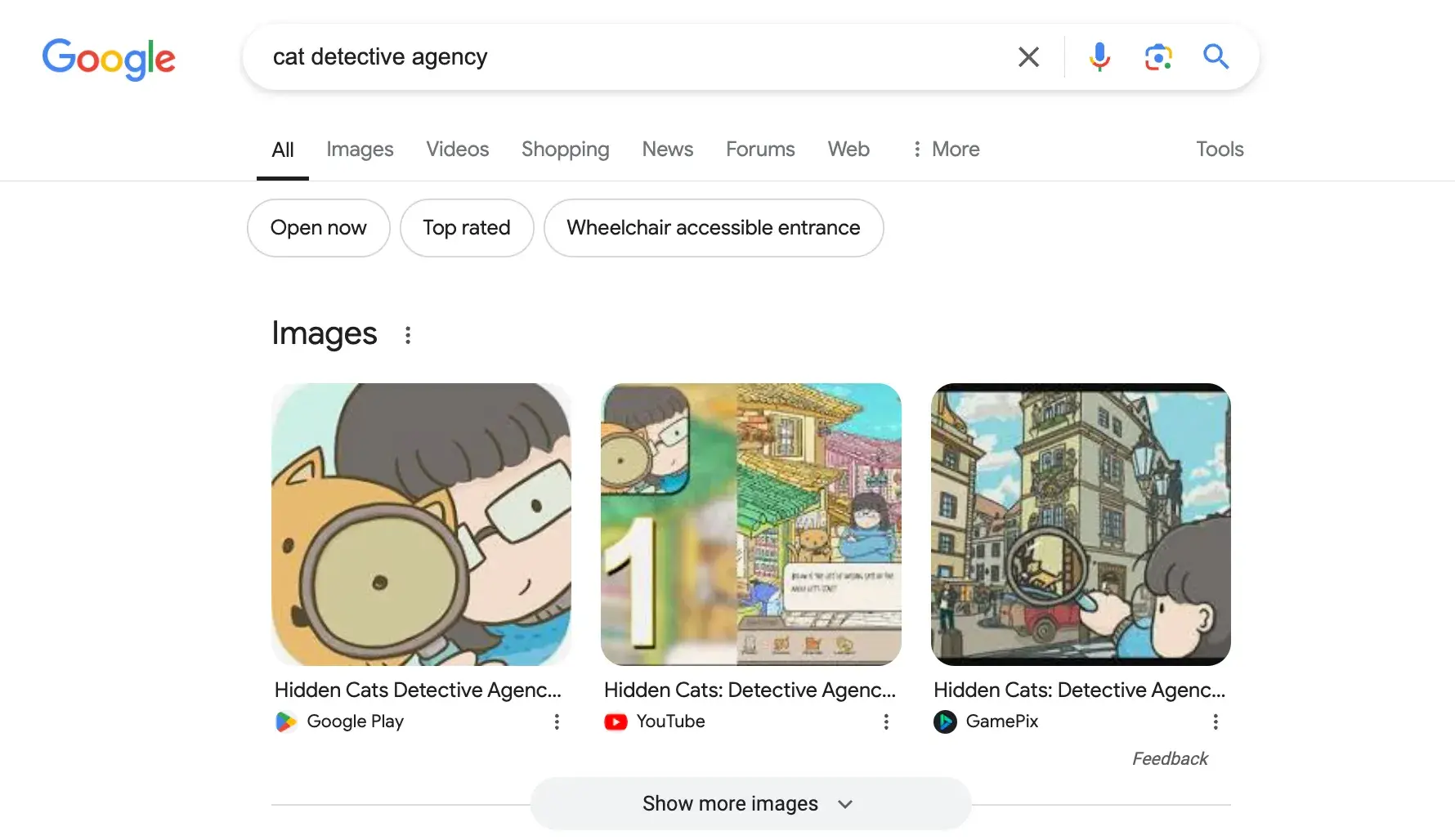 Screencap of Google image snippet for “cat detective agency.” Three images of a cartoon labeled “Hidden Cats Detective Agency.”