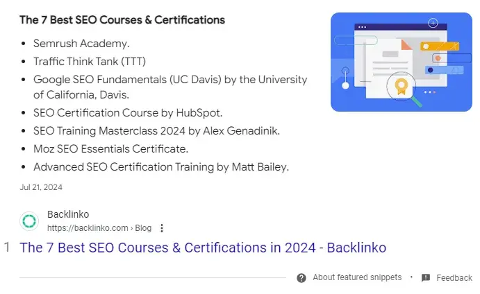 List snippet. “The 7 Best SEO Courses & Certifications.”