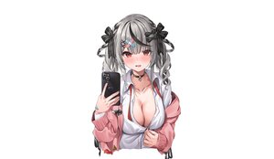 Rating: Questionable Score: 26 Tags: bandaid blush bow braids breasts choker cleavage fang gray_hair hololive nekoya_minamo no_bra open_shirt phone red_eyes sakamata_chloe school_uniform shirt third-party_edit twintails white User: otaku_emmy