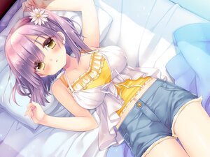 Rating: Safe Score: 19 Tags: bed blush flowers miyasu_risa navel original purple_hair short_hair shorts yellow_eyes User: Arsy