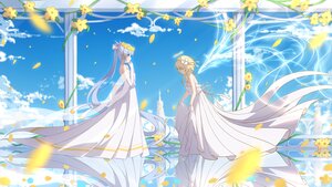 Rating: Safe Score: 21 Tags: 2girls blonde_hair blue_eyes blue_hair bow clouds dress elbow_gloves flowers genshin_impact gloves halo headdress kamisato_ayaka long_hair lumine_(genshin_impact) mxirony petals ponytail reflection short_hair skirt_lift sky wings User: BattlequeenYume