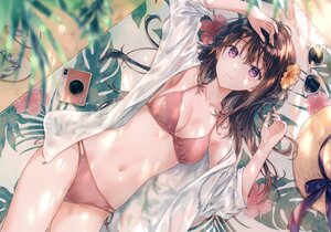 Rating: Safe Score: 10 Tags: bikini blush breasts brown_hair camera cleavage cropped hat hiten_(hitenkei) long_hair navel open_shirt original purple_eyes scan see_through shirt sunglasses swimsuit User: BattlequeenYume