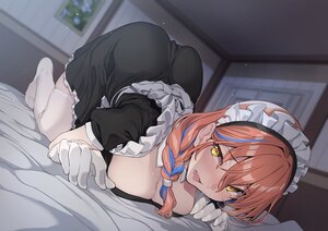 Rating: Questionable Score: 29 Tags: aibare_hinata bed blush braids breasts brown_hair cleavage close gloves headdress long_hair maid masquerade_channel nagioka thighhighs yellow_eyes User: Arsy