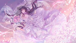 Rating: Safe Score: 26 Tags: ao_no_kanata_no_four_rhythm black_hair blush bow breasts clouds dress elbow_gloves flowers gloves headdress long_hair petals purple_eyes ribbons signed skirt_lift sky sunset tiara tobisawa_misaki umehara_sei watermark wedding_attire User: BattlequeenYume