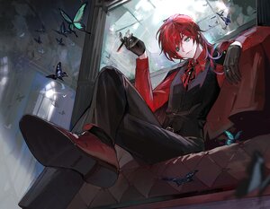 Rating: Safe Score: 8 Tags: all_male aqua_eyes bow butterfly cape cigarette couch gloves lauren_iroas long_hair male moko_(moko/moko) nijisanji red_hair ribbons shirt smoking suit User: BattlequeenYume