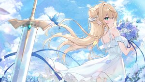 Rating: Safe Score: 12 Tags: blonde_hair blush bow butterfly clouds dress flowers green_eyes long_hair mikaze_oto original petals ribbons rose sky summer_dress sword weapon User: BattlequeenYume