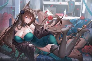 Rating: Safe Score: 49 Tags: amagi_(azur_lane) animal_ears anthropomorphism azur_lane blue_eyes breasts brown_hair choker cleavage couch dress flowers foxgirl gloves long_hair multiple_tails petals ribbons rose tail tansuan_(ensj3875) thighhighs User: BattlequeenYume