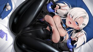 Rating: Questionable Score: 29 Tags: anthropomorphism azur_lane bed bikini_top blue_eyes blush bodysuit braids breasts condom fang gloves herring_(azur_lane) k.t.cube long_hair skintight spread_legs twintails white_hair User: otaku_emmy