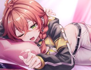 Rating: Safe Score: 28 Tags: bed blush braids cat_smile close green_eyes hood navel neit_ni_sei nijisanji phone red_hair shishido_akari tears torn_clothes twintails wink User: BattlequeenYume