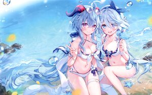 Rating: Safe Score: 13 Tags: 2girls amaki_ruto beach bicolored_eyes bikini blue_eyes blue_hair blush bow breasts cleavage cropped furina_(genshin_impact) ganyu_(genshin_impact) garter genshin_impact headband horns long_hair navel petals popsicle purple_eyes scan shorts sunglasses swimsuit water wet wristwear User: BattlequeenYume