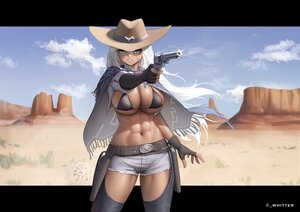 Rating: Questionable Score: 14 Tags: anthropomorphism azur_lane bikini_top blue_eyes breasts cape cleavage clouds cowgirl desert gloves gun hat indiana_(azur_lane) landscape long_hair scenic shorts sketch sky thighhighs watermark weapon white_hair whitter User: S17