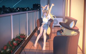 Rating: Safe Score: 3 Tags: animal_ears barefoot blonde_hair blush building city foxgirl hololive katuko_deluxe long_hair navel night omaru_polka purple_eyes shorts sky stars tail User: BattlequeenYume