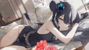 Rating: Questionable Score: 26 Tags: black_hair blue_archive blue_eyes blush chinese_clothes chinese_dress couch dema_hmw dress flowers gloves halo long_hair nopan ryuuge_kisaki twintails User: otaku_emmy