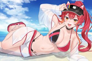 Rating: Safe Score: 23 Tags: animal_ears beach bikini blush breasts cleavage clouds collar fang hat long_hair navel nekota_tsuna orange_eyes ponytail red_hair see_through shirt shorts sky swimsuit tojo_aoi virtual_esports_project water User: BattlequeenYume