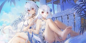 Rating: Safe Score: 20 Tags: barefoot bikini blush choker clouds honkai_impact honkai_(series) long_hair red_eyes signed sky swimsuit swkl:d theresa_apocalypse tree white_hair User: Arsy