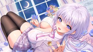 Rating: Questionable Score: 7 Tags: bed blush bow breasts cleavage close clouds flowers gray_hair long_hair moon naito_mare_(vtuber) night no_bra open_shirt purple_eyes ribbons sakuranotsukasa school_uniform shirt skirt skirt_lift sky stars thighhighs zettai_ryouiki User: BattlequeenYume