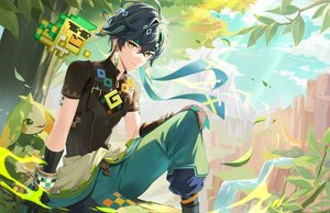 Rating: Safe Score: 3 Tags: all_male black_hair clouds elbow_gloves genshin_impact gloves headband kinich_(genshin_impact) leaves male orange_eyes short_hair sky soha_(416_soha) tree water waterfall wristwear User: BattlequeenYume