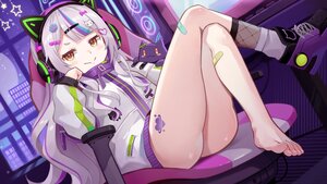 Rating: Safe Score: 28 Tags: animal_ears bandaid barefoot blush computer gray_hair headphones hololive long_hair moon murasaki_shion night orange_eyes sky yoshikawa_hiro User: otaku_emmy