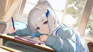 Rating: Safe Score: 30 Tags: book braids building city gray_hair leaves lize_helesta long_hair nijisanji ponytail purple_eyes school_uniform tree wazd0183 User: BattlequeenYume