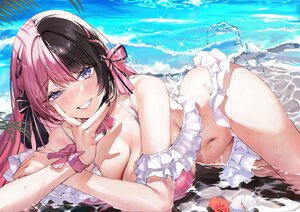 Rating: Questionable Score: 10 Tags: beach bikini blush bow braids breasts choker cleavage eichi_(yashokuya) flowers long_hair navel purple_eyes skirt swimsuit tachibana_hinano virtual_esports_project water wristwear User: BattlequeenYume