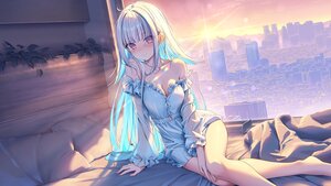 Rating: Safe Score: 83 Tags: barefoot bed blush breast_hold breasts building city cleavage clouds dress leaves lize_helesta long_hair nablack nijisanji no_bra purple_eyes see_through sky sunset white_hair User: BattlequeenYume