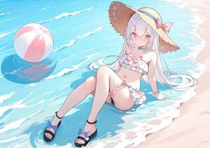 Rating: Safe Score: 34 Tags: ball beach bikini blush bow cameltoe choker flat_chest garter hat long_hair navel original pink_eyes signed swimsuit water white_hair wristwear zuu_(qq770463651) User: BattlequeenYume