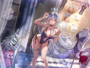 Rating: Safe Score: 37 Tags: bikini blush bow breasts choker cleavage garter gray_hair halo hat jpeg_artifacts long_hair meryl_(tower_of_fantasy) navel necklace purple_eyes ribbons sunglasses swimsuit tower_of_fantasy wristwear yolanda User: BattlequeenYume