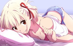 Rating: Safe Score: 22 Tags: bed bikini blonde_hair breasts cleavage close lycoris_recoil nii_manabu nishikigi_chisato red_eyes short_hair shorts signed swimsuit User: BattlequeenYume