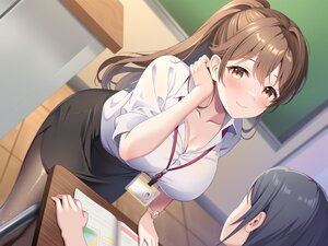 Rating: Safe Score: 46 Tags: blush breasts brown_eyes brown_hair cleavage long_hair original pantyhose ponytail shirt suzumia_(daydream) User: Arsy