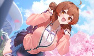 Rating: Safe Score: 35 Tags: blush bow breasts brown_eyes brown_hair building cherry_blossoms clouds flowers gakuen_idolmaster hanami_ume idolmaster petals school_uniform shirt short_hair skirt sky thighhighs tree xiujia_yihuizi User: BattlequeenYume