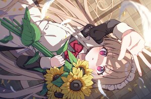 Rating: Safe Score: 3 Tags: apron blush bow brown_hair dress feathers flowers headdress leaves loli long_hair maid original petals red_eyes sunflower zoirun User: otaku_emmy