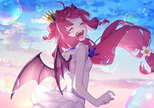 Rating: Safe Score: 39 Tags: blush bow bubbles chiyomaru_(yumichiyo0606) choker close clouds crown demon dress fang horns long_hair nijisanji red_hair ribbons sky summer_dress sunset wings yuzuki_roa User: BattlequeenYume