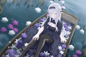 Rating: Safe Score: 21 Tags: akeboshi_himari blue_archive blue_eyes boat breasts cleavage dress flowers grass gray_hair halo headband heimu_(heim_kstr) long_hair pantyhose pointed_ears skirt_lift water User: BattlequeenYume