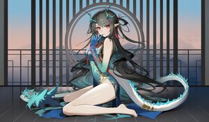 Rating: Safe Score: 32 Tags: 2sankta arknights barefoot black_hair breasts chinese_clothes chinese_dress dress dusk_(arknights) horns landscape long_hair pointed_ears red_eyes scenic sky tail tattoo User: S17