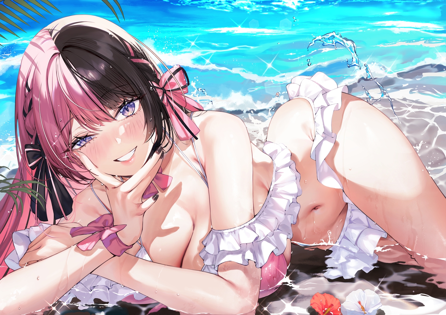 beach bikini blush bow braids breasts choker cleavage eichi_(yashokuya) flowers long_hair navel purple_eyes skirt swimsuit tachibana_hinano virtual_esports_project water wristwear