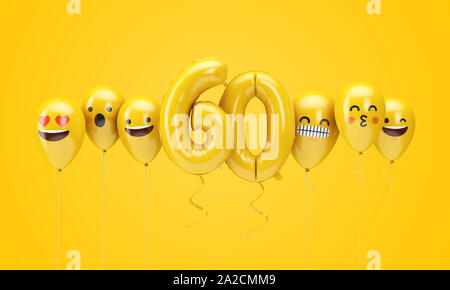 Number 60 yellow birthday emoji faces balloons. 3D Render Stock Photo