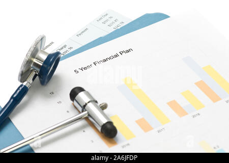 Ficticious five year financial plan for medical practice with patient billing statement. Stock Photo