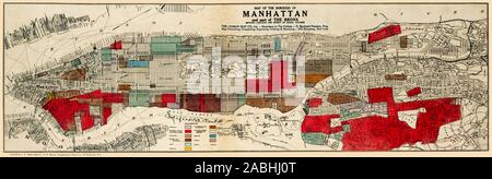 Map of of Manhattan and part of the Bronx showing location of racial populations published 1920, restored reproduction. Originally the map was a product of fear that certain 'unassimilated' groups might have seditious sympathies ('The Red Scare') at the time of the Bolshevik Revolution in Russia . [Also see a similar map of Manhattan]. This map was a commercial edition based on state government maps produced by the New York State Joint Legislative Committee to Investigate Seditious Activities. Nowadays, the map can be viewed as reflecting the nation's ethnic and immigration heritage. Stock Photo