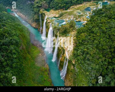 Aerial of the Tamul waterfalls, Huasteca Potosi, San Luis Potosi, Mexico, North America Stock Photo