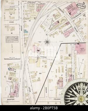 Image 5 of Sanborn Fire Insurance Map from Rutland, Rutland County, Vermont. Oct 1879. 5 Sheet(s). Stamped: Phoenix Assurance Company of London. Dec. 12, 1881, America, street map with a Nineteenth Century compass Stock Photo