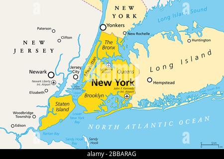 New York City, political map. Most populous city in United States, located in the state of New York. Manhattan, Bronx, Queens, Brooklyn, Staten Island. Stock Photo