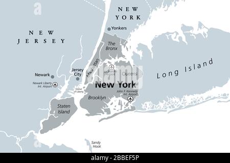 New York City gray political map. Most populous city in United States in State of New York. Manhattan, Bronx, Queens, Brooklyn, Staten Island. Stock Photo