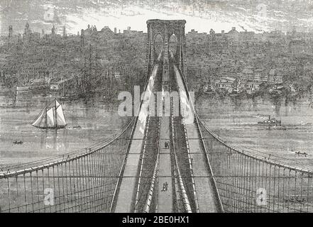 The view from the top of Brooklyn Tower, looking down upon the Brooklyn bridge and towards New York. From an unidentified brochure about the bridge, 1883. The Brooklyn Bridge is one of the oldest suspension bridges in the United States. Completed in 1883, it connects the boroughs of Manhattan and Brooklyn by spanning the East River. With a main span of 1,595.5 feet, it was the longest suspension bridge in the world from its opening until 1903, and the first steel-wire suspension bridge. Originally referred to as the New York and Brooklyn Bridge and as the East River Bridge, it was formally nam Stock Photo