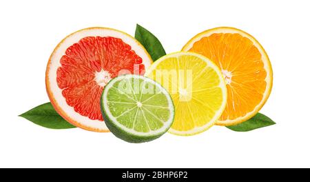 Citrus Fruit Set orange, grapefruit, lime, lemon isolated on white background. Stock Photo