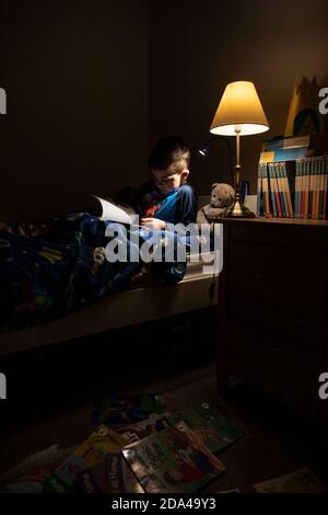 6-year-old boy reading whilst lying in bed at bedtime at home, England, United Kingdom Stock Photo