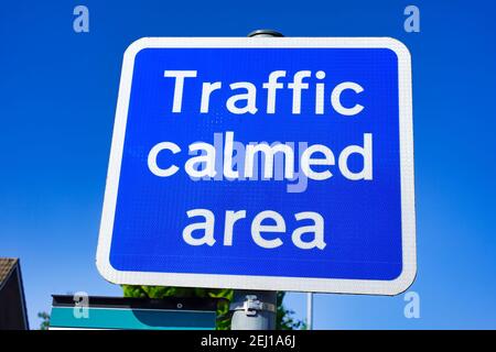 Warminster, Wiltshire / UK - September 14 2020: A Traffic Calmed Area road sign in a residential street indicating that a motorist should slow down Stock Photo