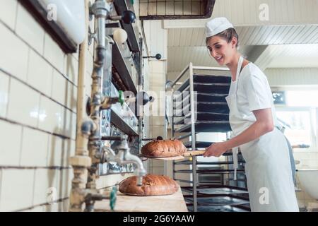 Baker woman getting bread out of bakery oven in her bakery Stock Photo