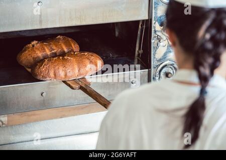 Baker woman getting fresh bread with shovel out of oven Stock Photo