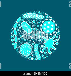 Germs and bacteria icons set  isolated on blue  background.  Shape of bacterial cell: cocci, bacilli, spirilla.  Vector  illustration in flat style. Stock Vector