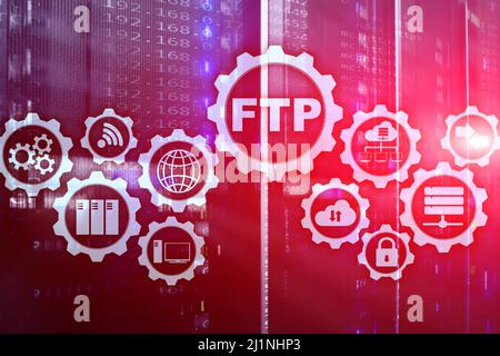 FTP. File Transfer Protocol. Network Transfer data to server on supercomputer background. Stock Photo